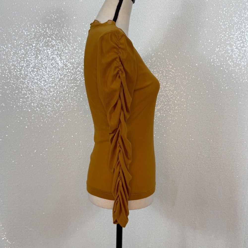 BRACHA Mustard Sheer Mesh Ruched Long Sleeve Top Women’s Medium Stretch V Neck - Picture 7 of 11